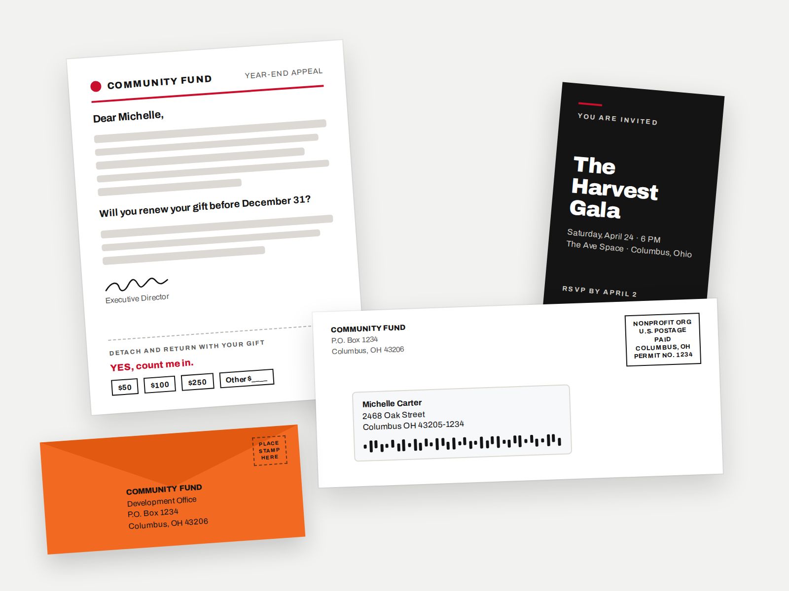 Nonprofit direct mail examples including year-end appeal letters, gala invitations, reply envelopes and addressed mail pieces from Community Fund